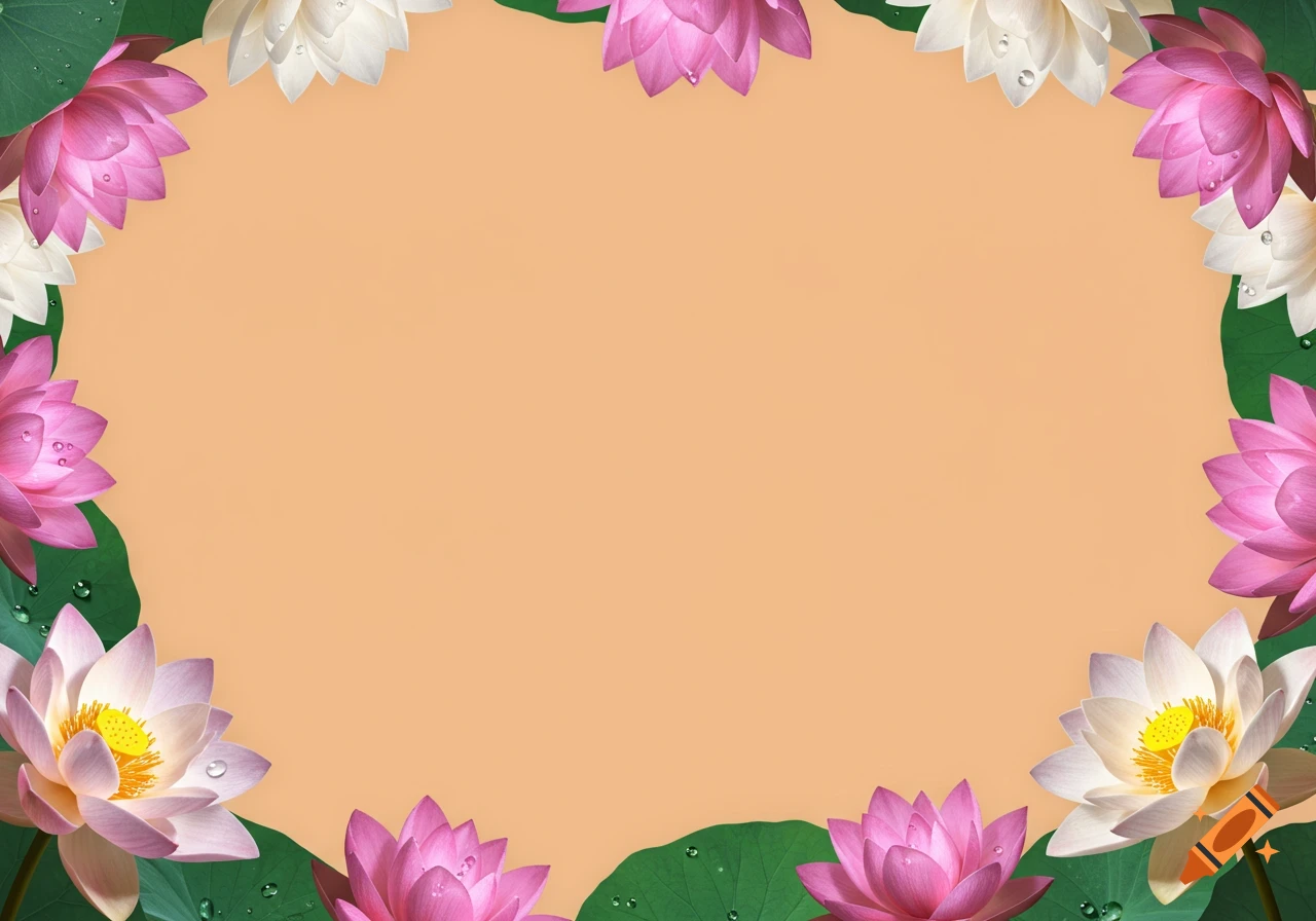 A peach-colored background framed by pink and white lotus flowers with green leaves and water droplets.