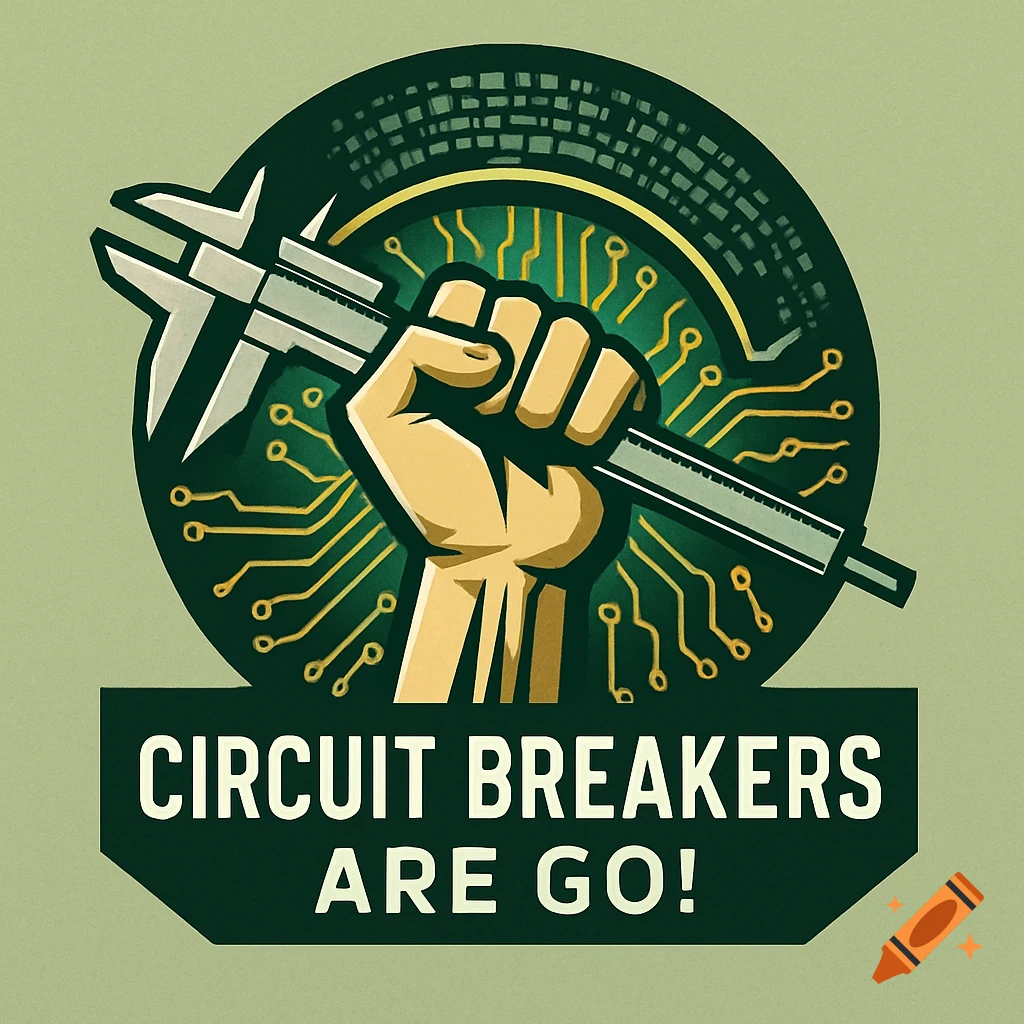 A green and gold logo features a stylized fist holding a caliper, set against a circular circuit board background with gold traces, with the text 'CIRCUIT BREAKERS ARE GO!' below.
