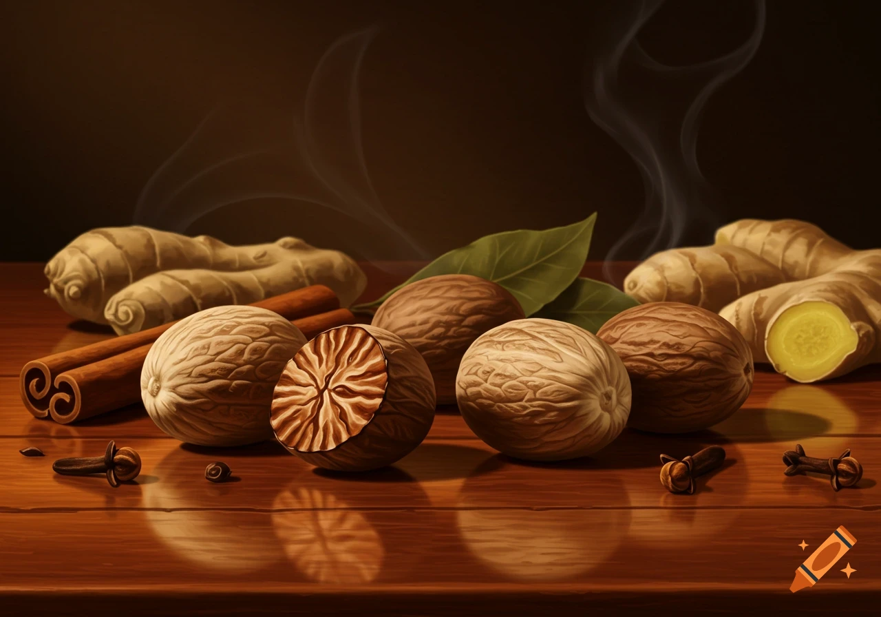 A still life painting of nutmeg, ginger, cinnamon sticks, and cloves on a wooden table with soft lighting and wisps of smoke.