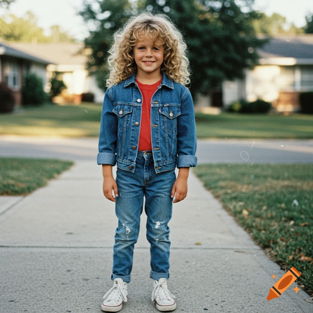 A young child with long curly blonde hair smiles while standing on a sidewalk, wearing a denim jacket and ripped jeans.