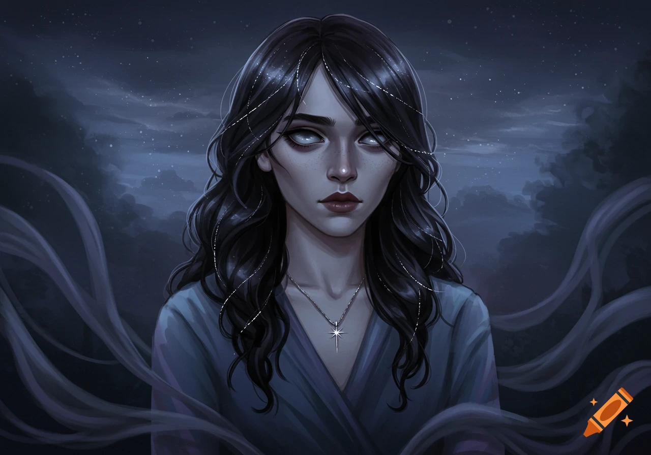 A haunting portrait of a pale woman with long dark hair and luminous white eyes, wearing a blue dress and star pendant, against a dark, starry, ethereal background.
