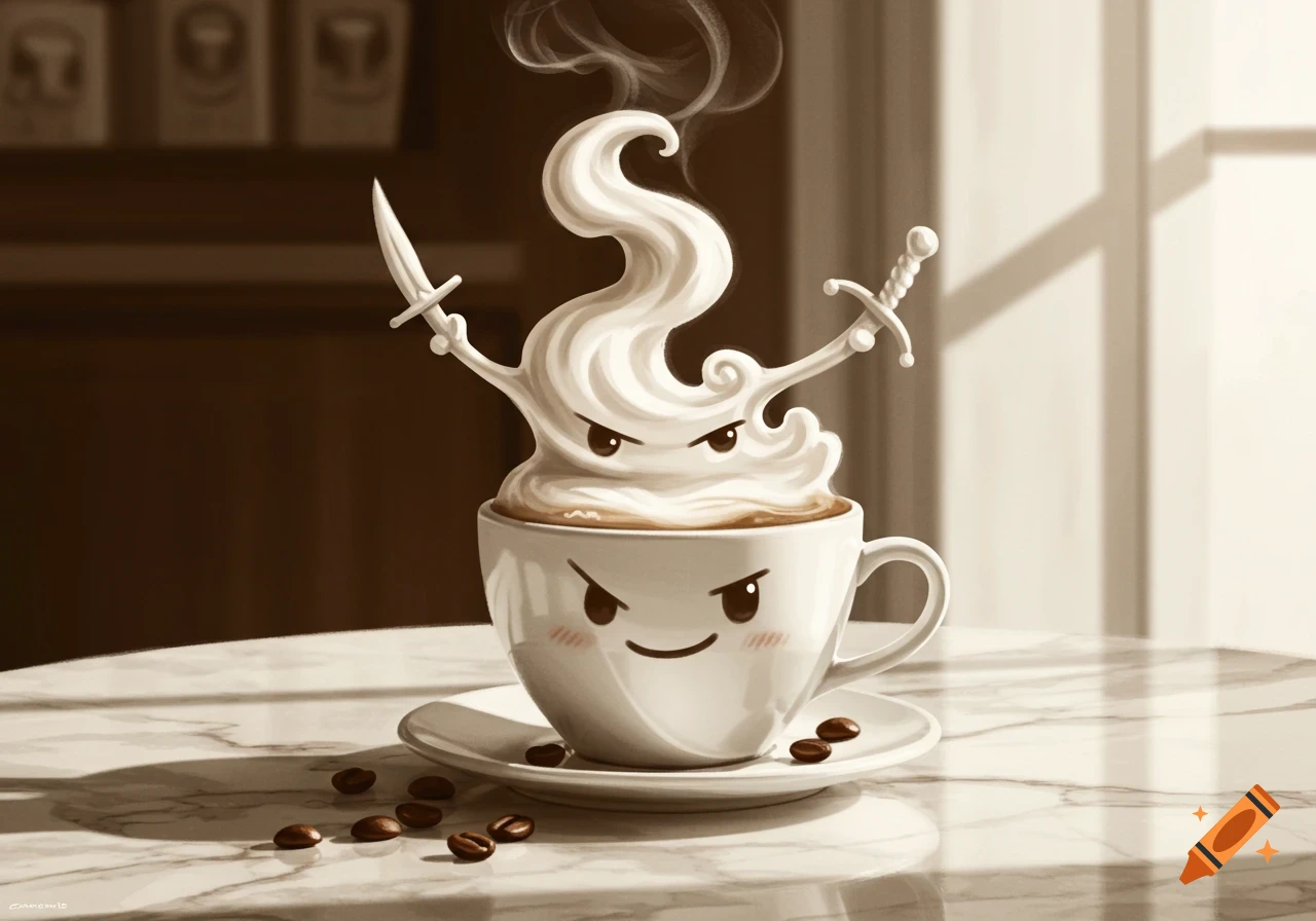 Whimsical illustration of an anthropomorphic coffee cup with a happy face and an angry whipped cream character holding daggers.