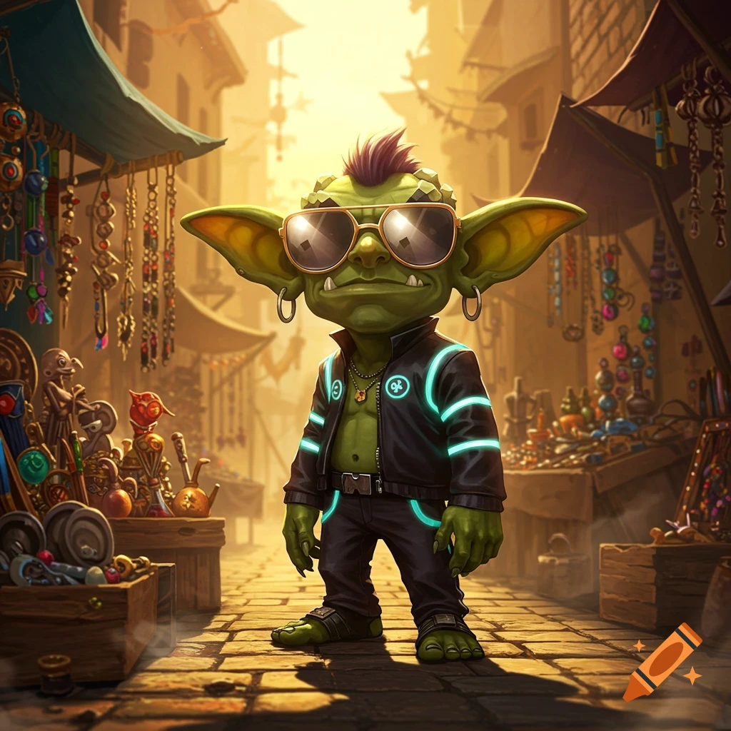 A cool, green goblin with large ears and spiky purple hair wears sunglasses and a black leather jacket with glowing blue stripes, standing in a sunny, cluttered marketplace.