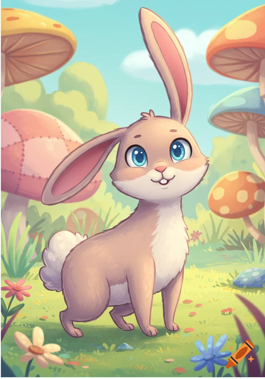 A cute cartoon rabbit with big blue eyes and long ears stands in a whimsical forest with large mushrooms.