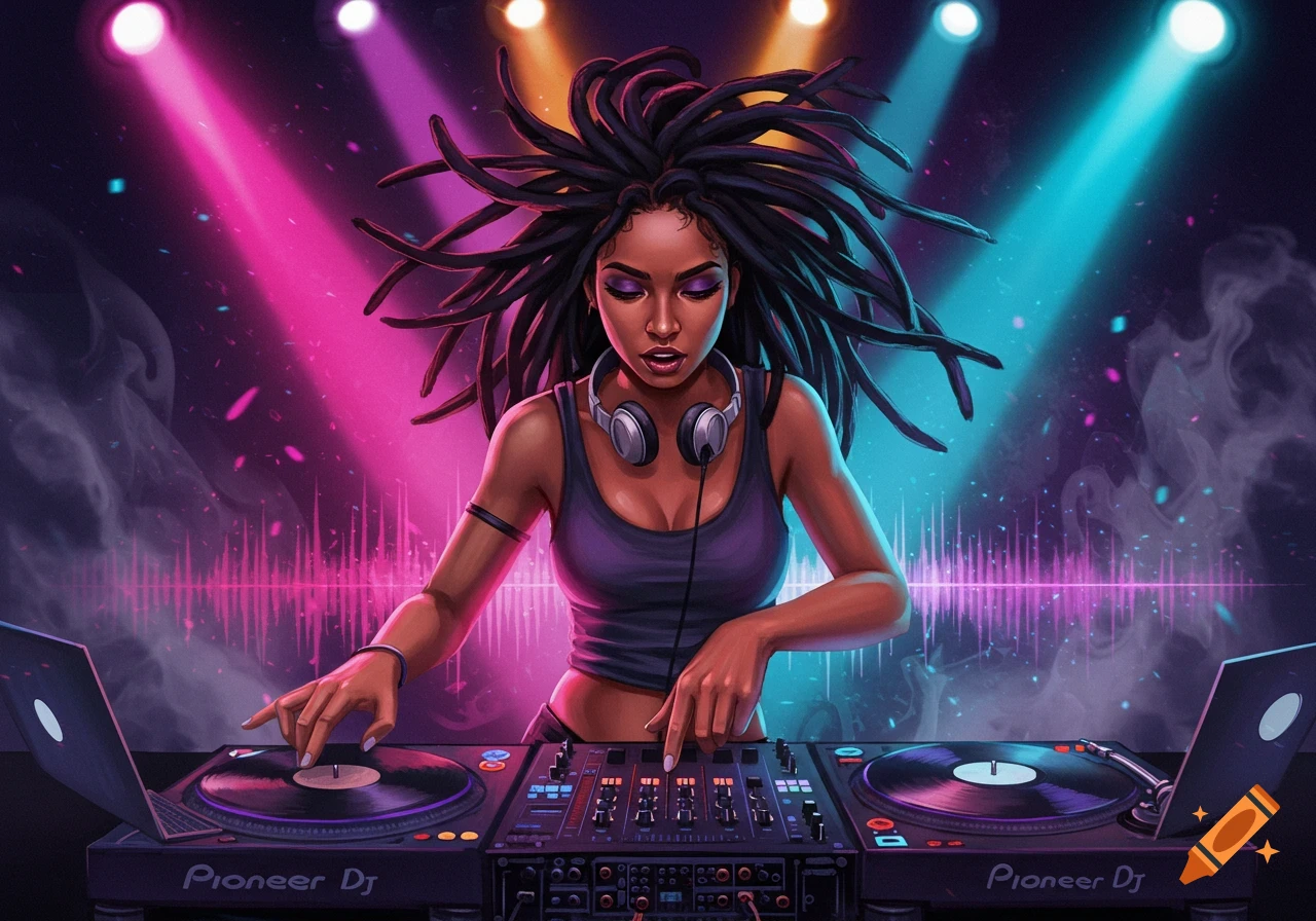 A female DJ with dreadlocks mixing music on turntables and a soundboard under vibrant pink and blue spotlights.