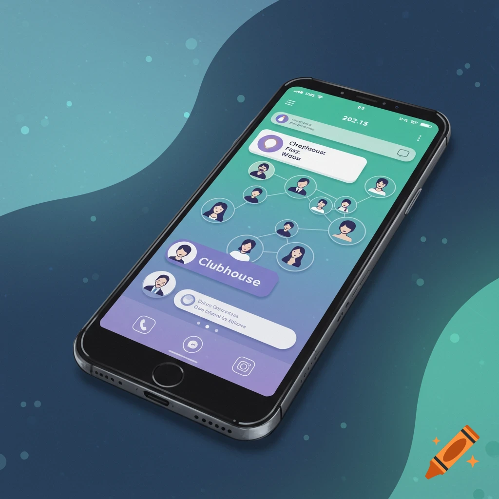 An illustration of an iPhone displaying a Clubhouse-like app interface with various user icons and purple/green design elements on a dark blue background.