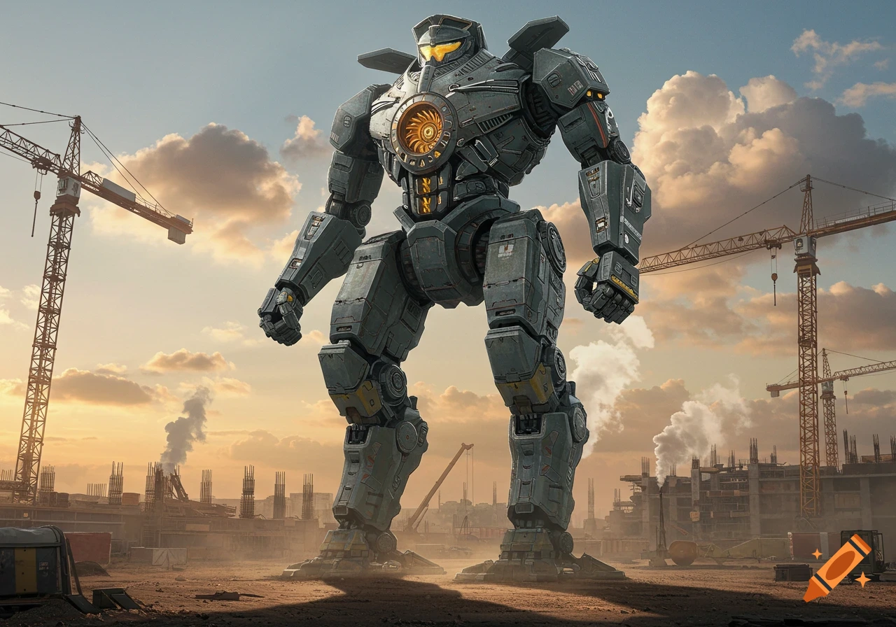 A giant, detailed gray robot, reminiscent of a Jaeger, stands on a dusty construction site with cranes and incomplete buildings under a cloudy sky.