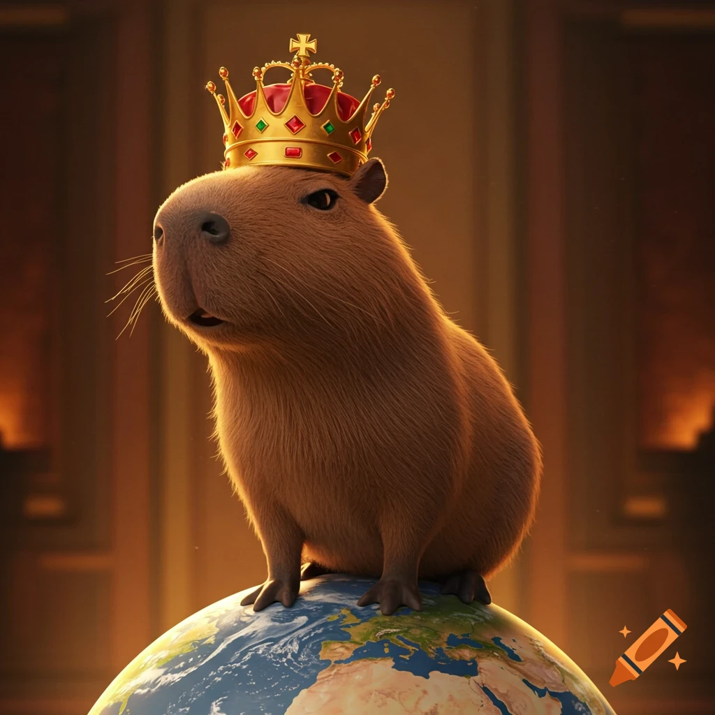 An animated capybara wearing a golden crown with red jewels, standing menacingly on top of a detailed Earth globe.