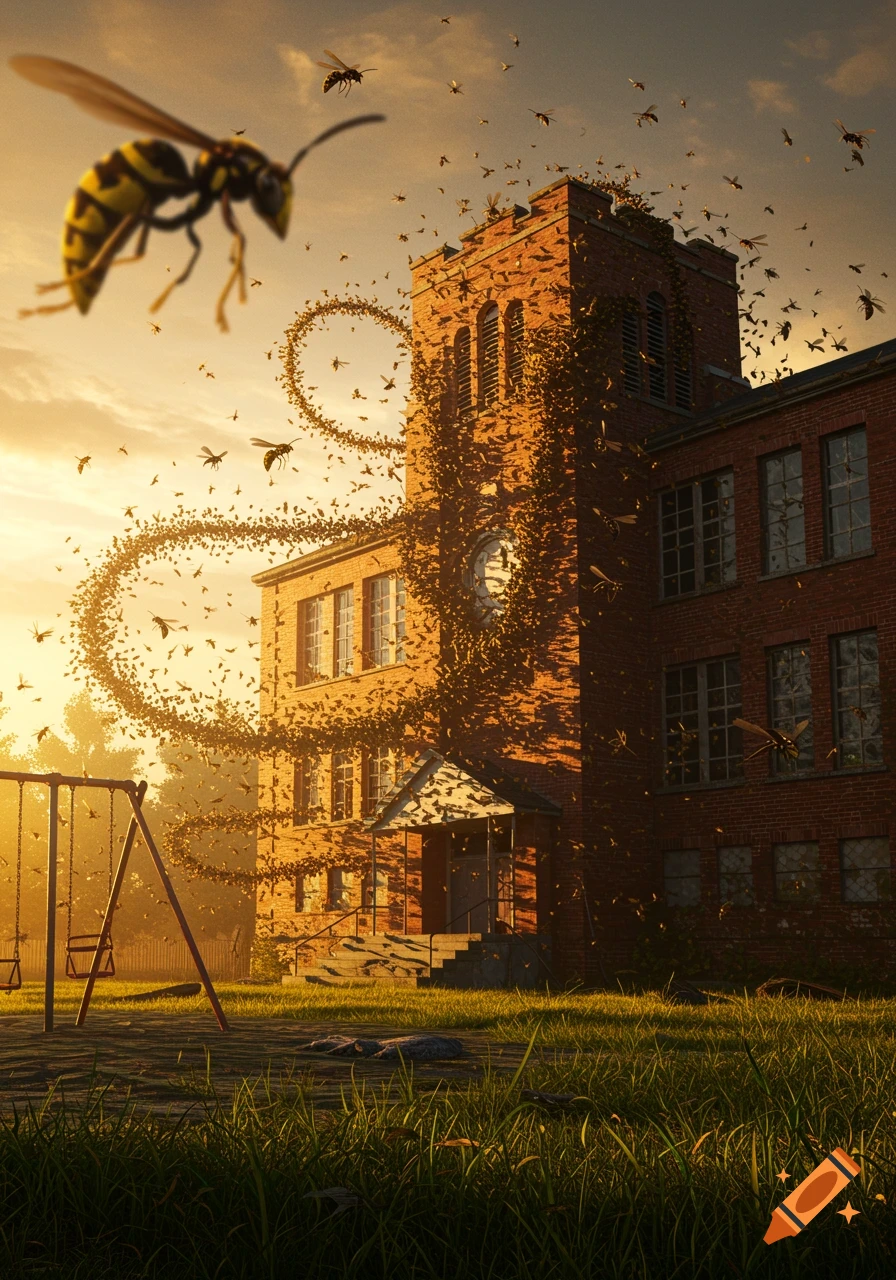 Photorealistic image of a school building swarmed by wasps, a giant wasp nearby, and a playground at sunset.