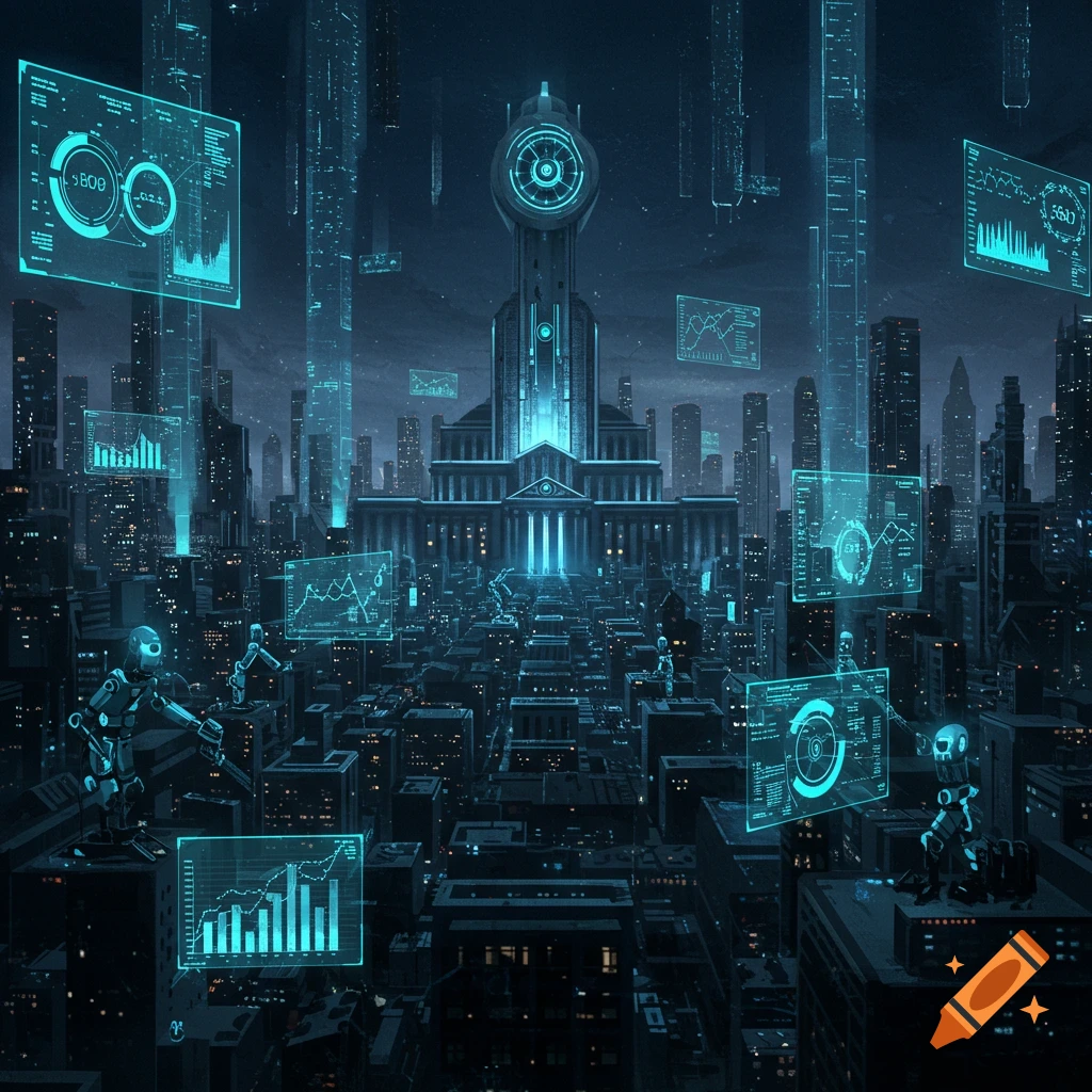 A futuristic blue-lit cityscape at night with large holographic data screens and small robots on rooftops, centered by a grand, illuminated building.