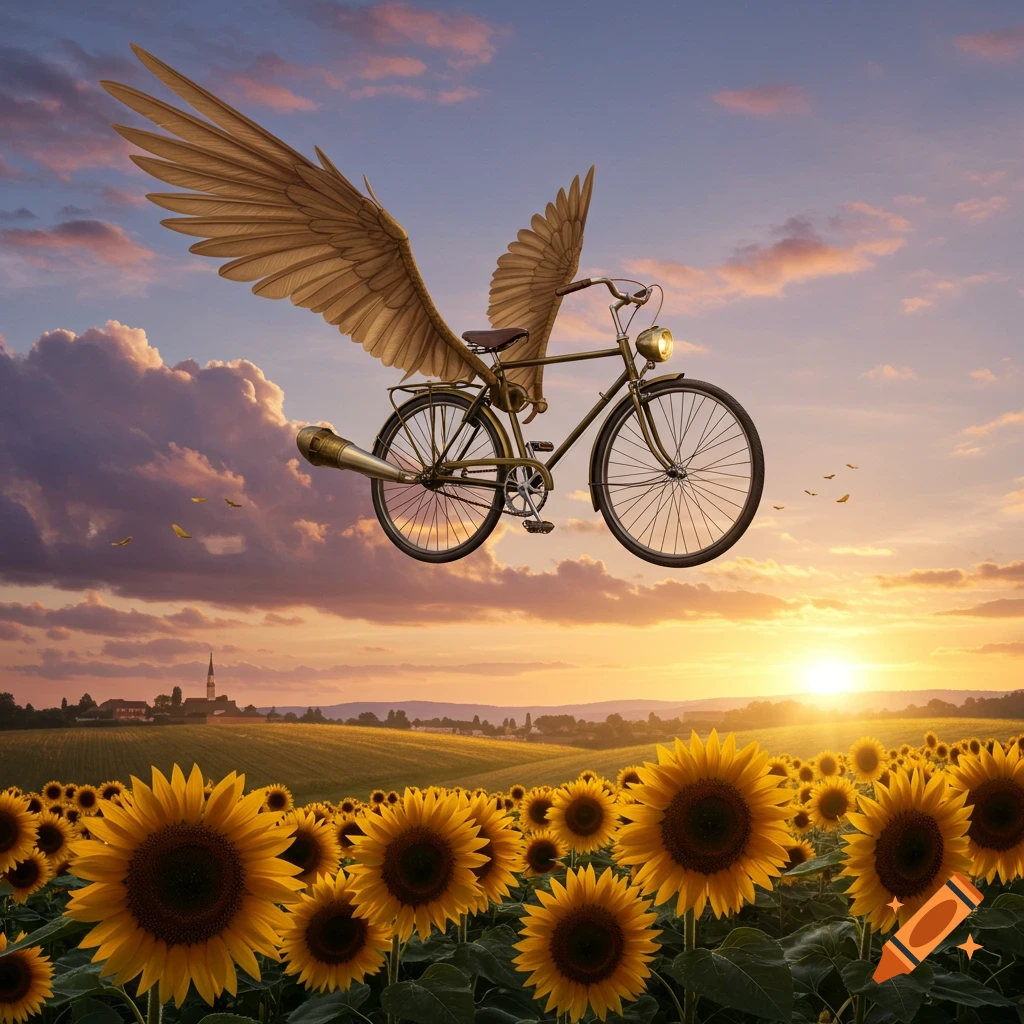 A photorealistic image of a vintage-style bicycle with large wings flying over a sunflower field at sunset.