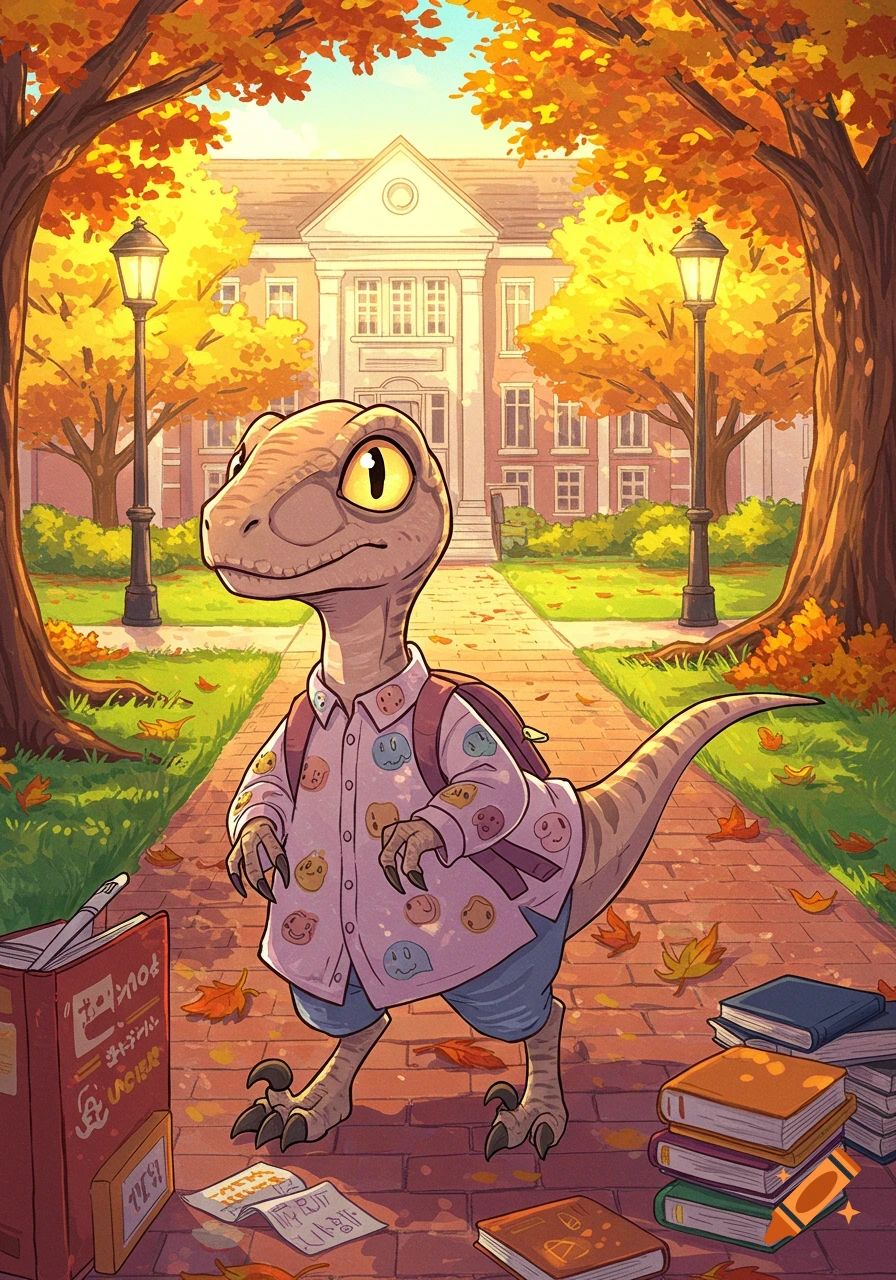 An anime-style raptor wearing an oversized pink shirt and backpack walks on a brick path through an autumn college campus, with books and fallen leaves.
