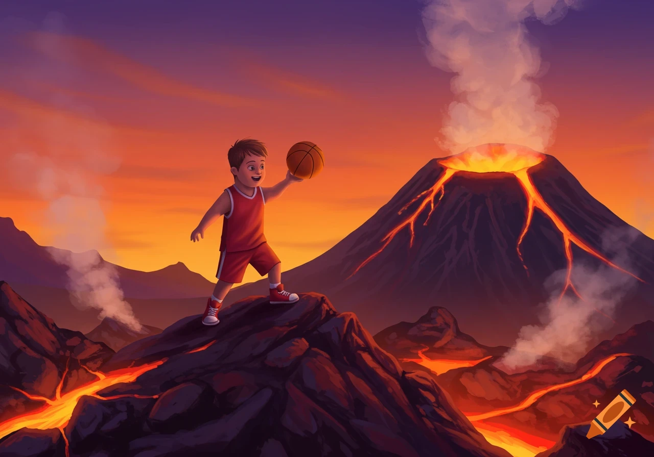 A cartoon boy in a red basketball uniform stands on a lava field with an erupting volcano behind him at sunset.