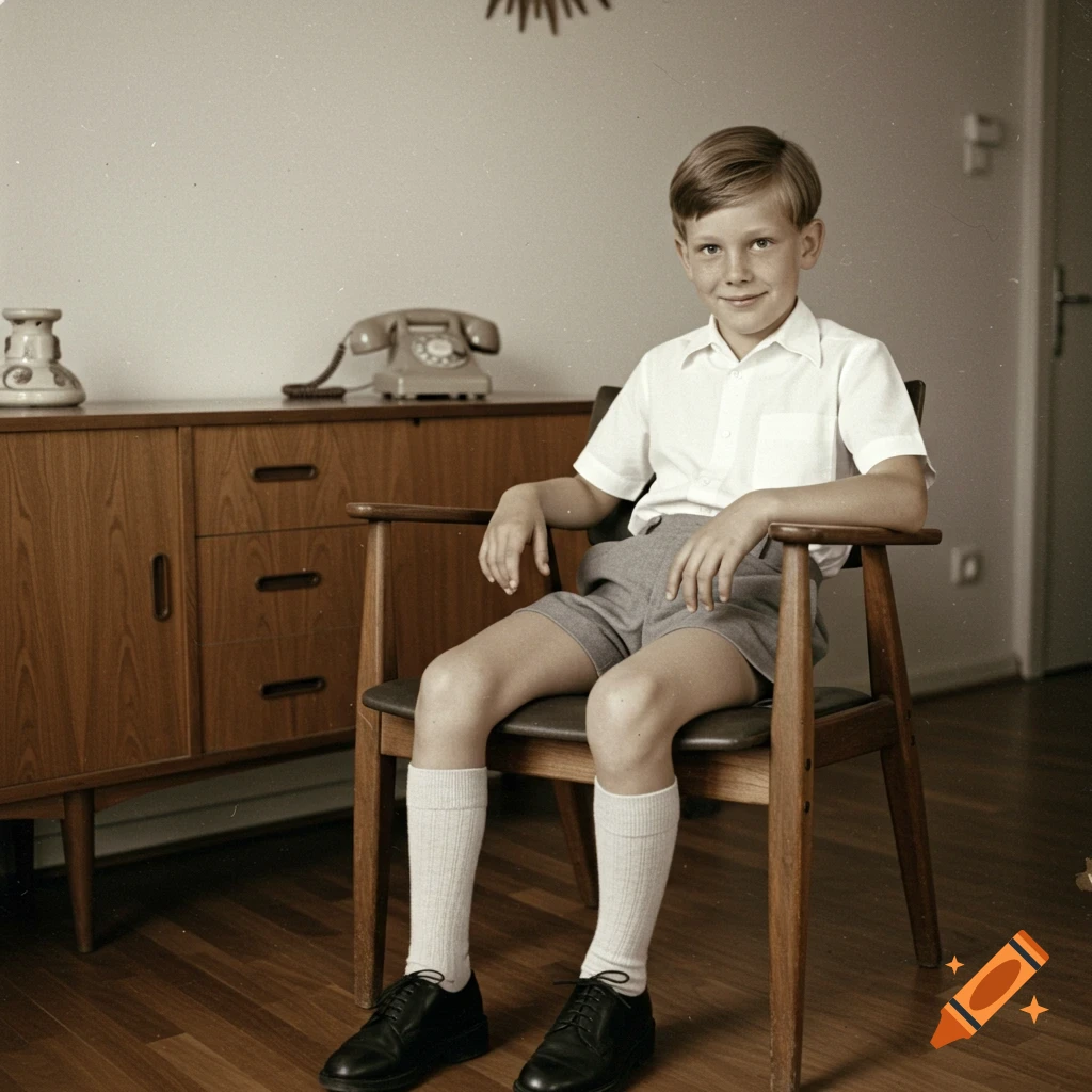 A young boy with short hair sits on a wooden chair, smiling, in a vintage indoor setting with a cabinet and an old telephone.
