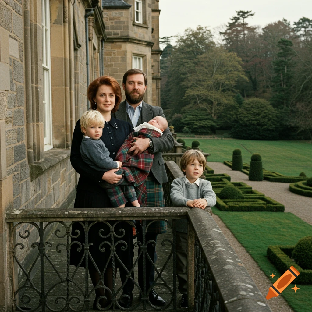 A family on a stone mansion balcony in 1980s attire: a man in a kilt holding a baby, a woman with a young boy, and another boy by the railing, overlooking a garden.