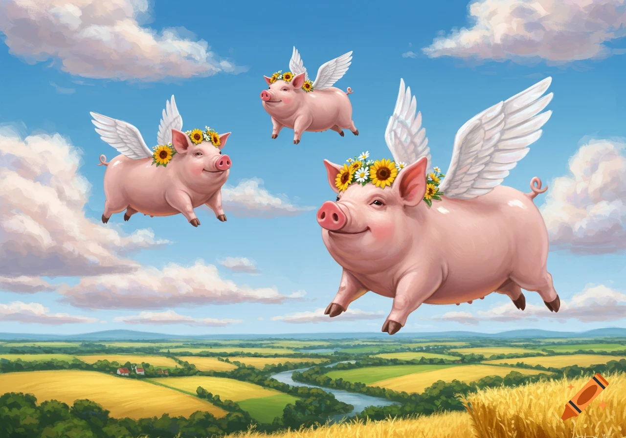 Three cheerful cartoon pigs with wings and flower crowns fly over a sunny green and yellow rural landscape.