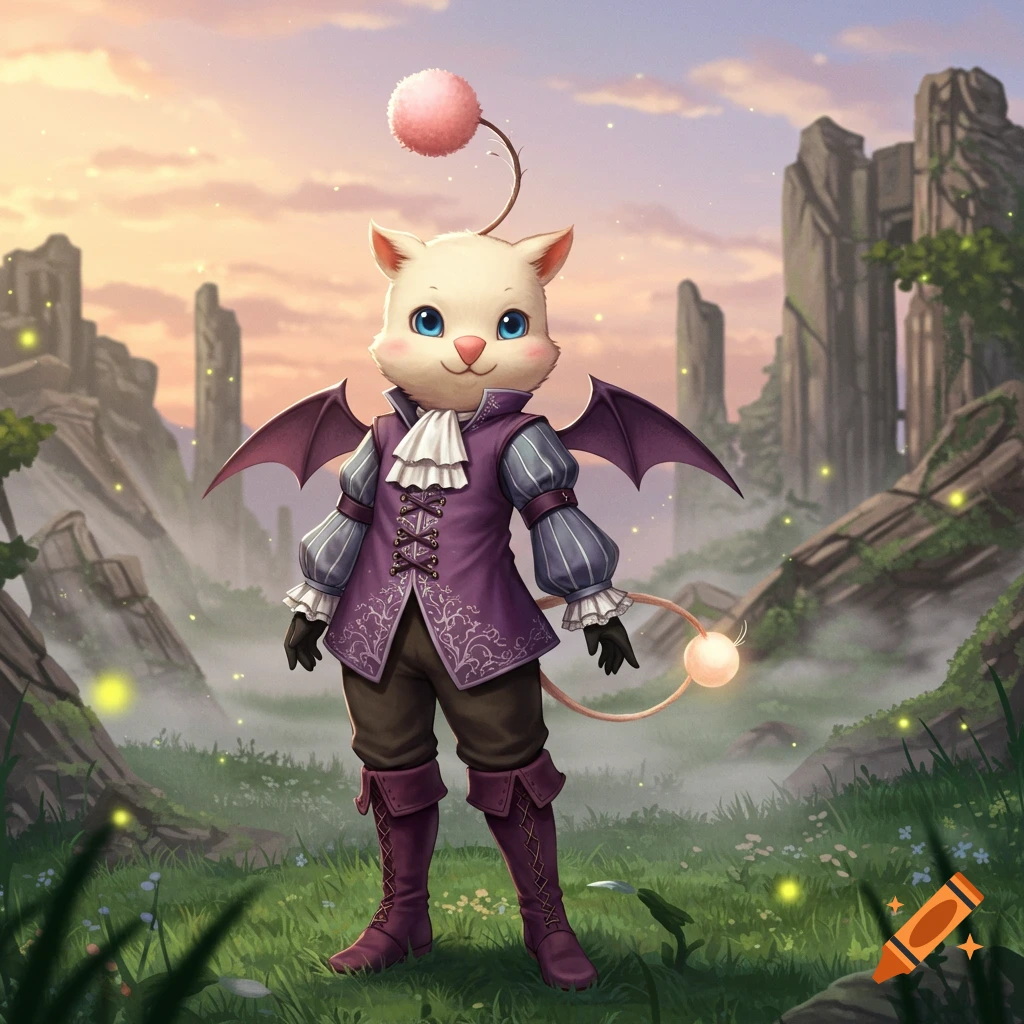 A cute Moogle creature from Final Fantasy, wearing a purple outfit, stands in a misty fantasy landscape at sunset.