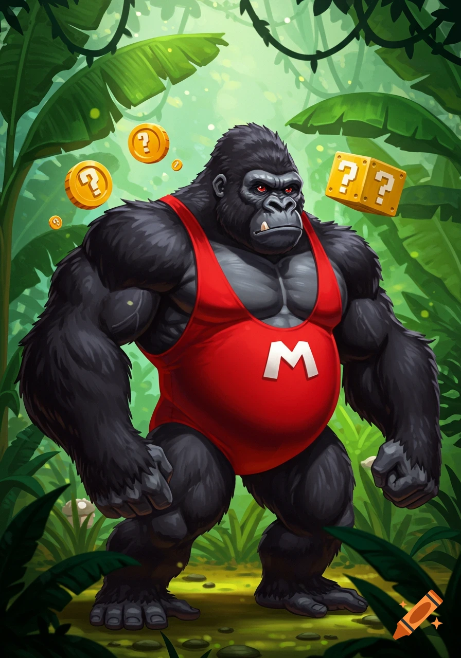 A muscular gorilla in a red speedo with an 'M' on the chest stands in a jungle with Mario-style coins and question blocks.