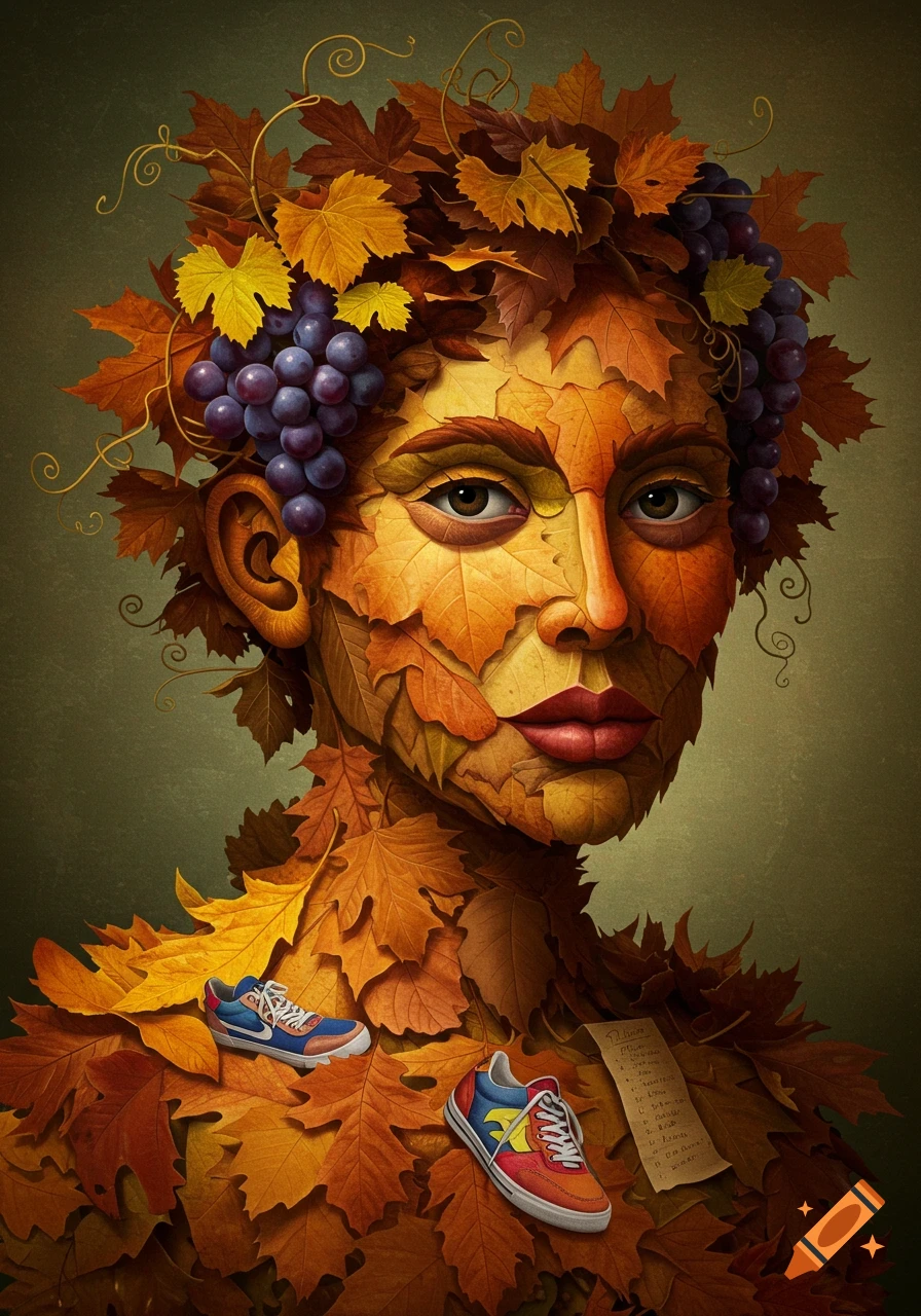 An artistic portrait of a person made from autumn leaves, with grapes in their hair and two sneakers resting on their chest.