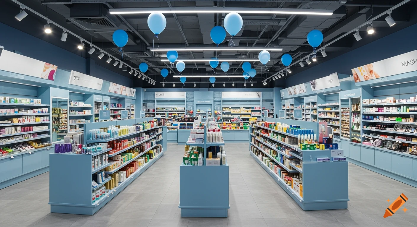 A wide-angle photorealistic shot of an empty, modern cosmetics and personal care store with light blue shelves stocked with products, decorated with blue balloons hanging from the ceiling.