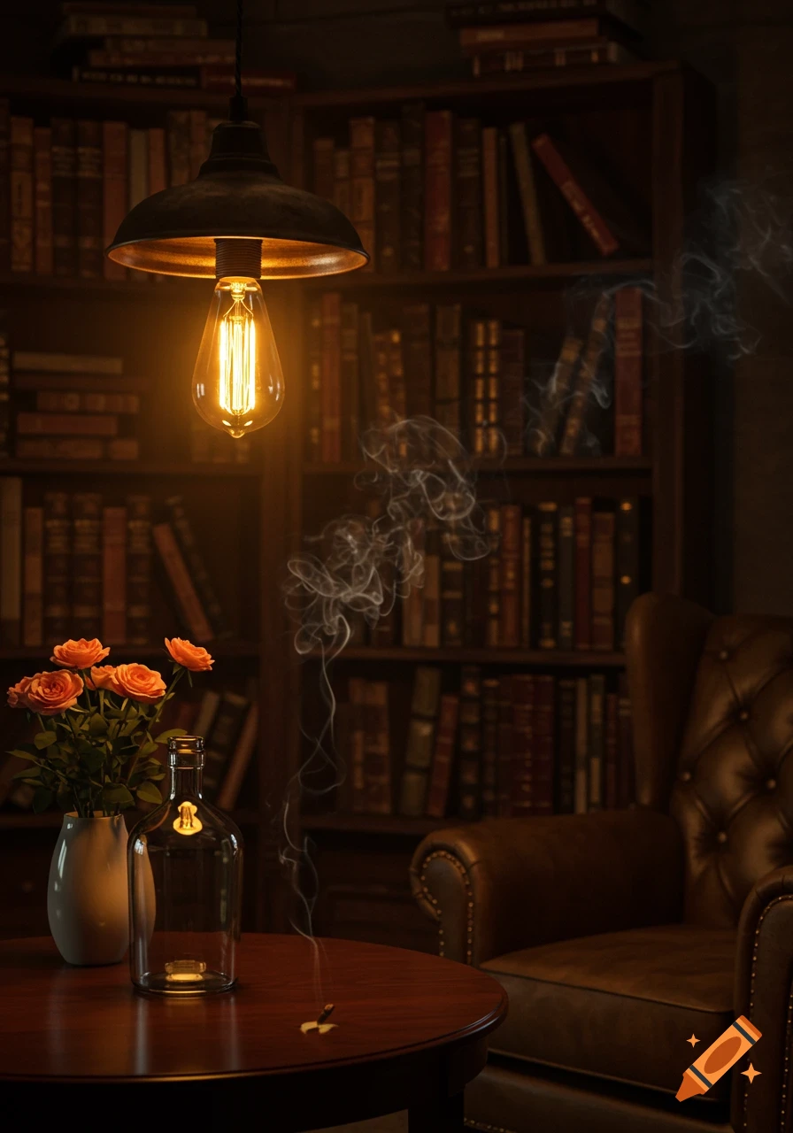 A cozy, dimly lit vintage library interior featuring an Edison bulb lamp, bookshelves, a leather armchair, and a table with roses and smoke.