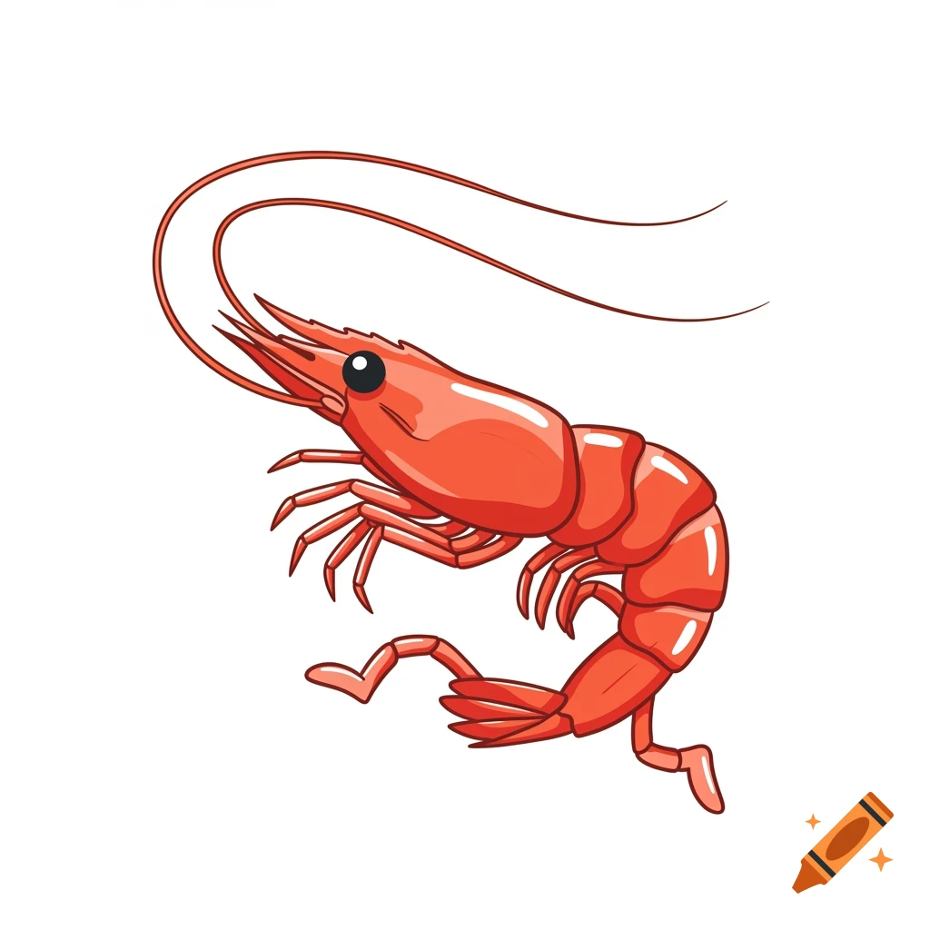 Cartoon illustration of a red prawn on a white background.