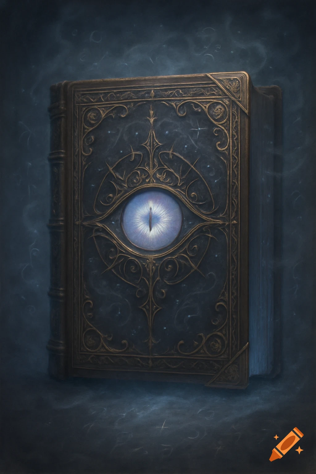 A dark, ornate fantasy book with a glowing blue eye on its cover, set in a smoky, mystical atmosphere.