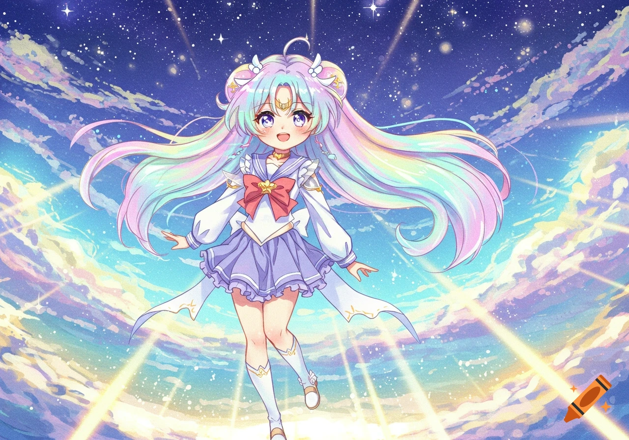 An anime girl with long pastel rainbow hair in a sailor uniform floats in a starry, light-filled sky.