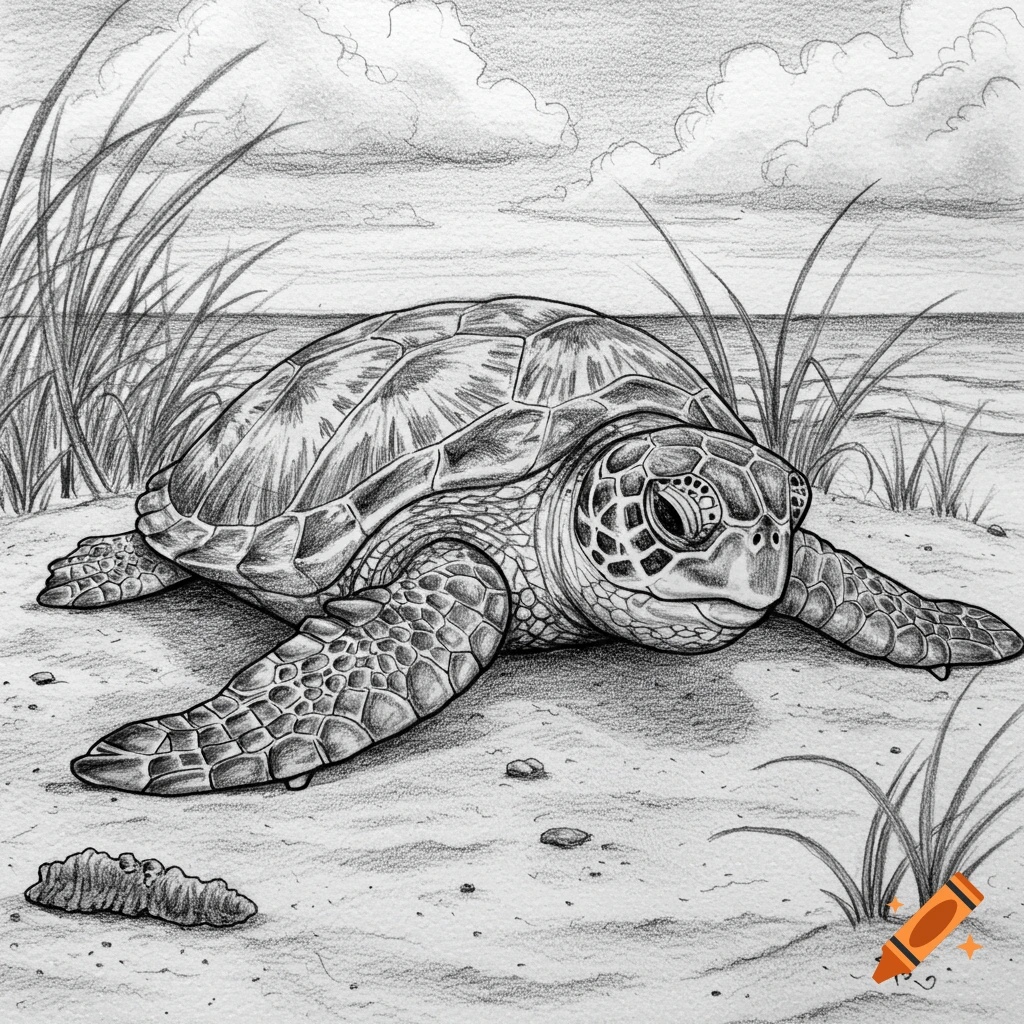 Detailed pencil sketch of a sea turtle resting on a sandy beach, with grass tufts and a cloudy sky.