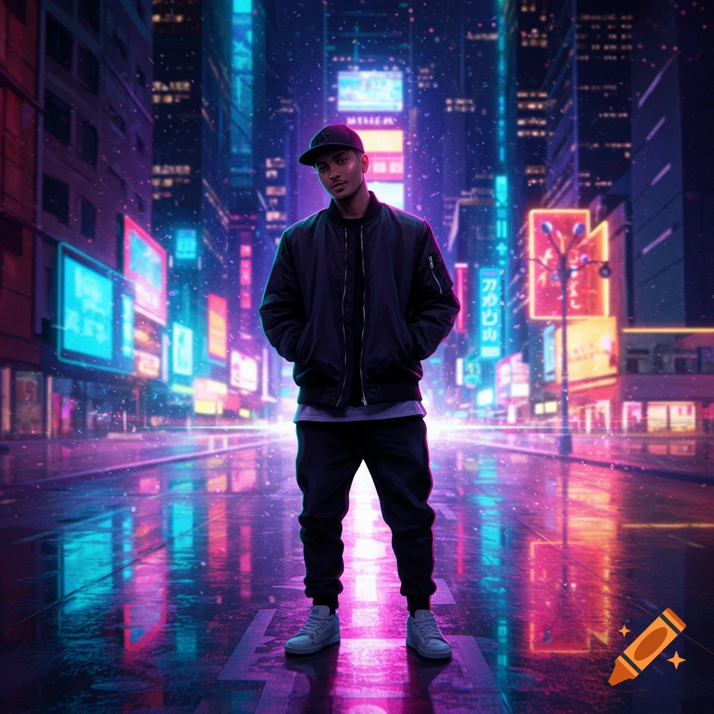 A man in a bomber jacket and backwards hat stands confidently in a vibrant neon-lit city street, reflecting on the wet ground in a digital art style.