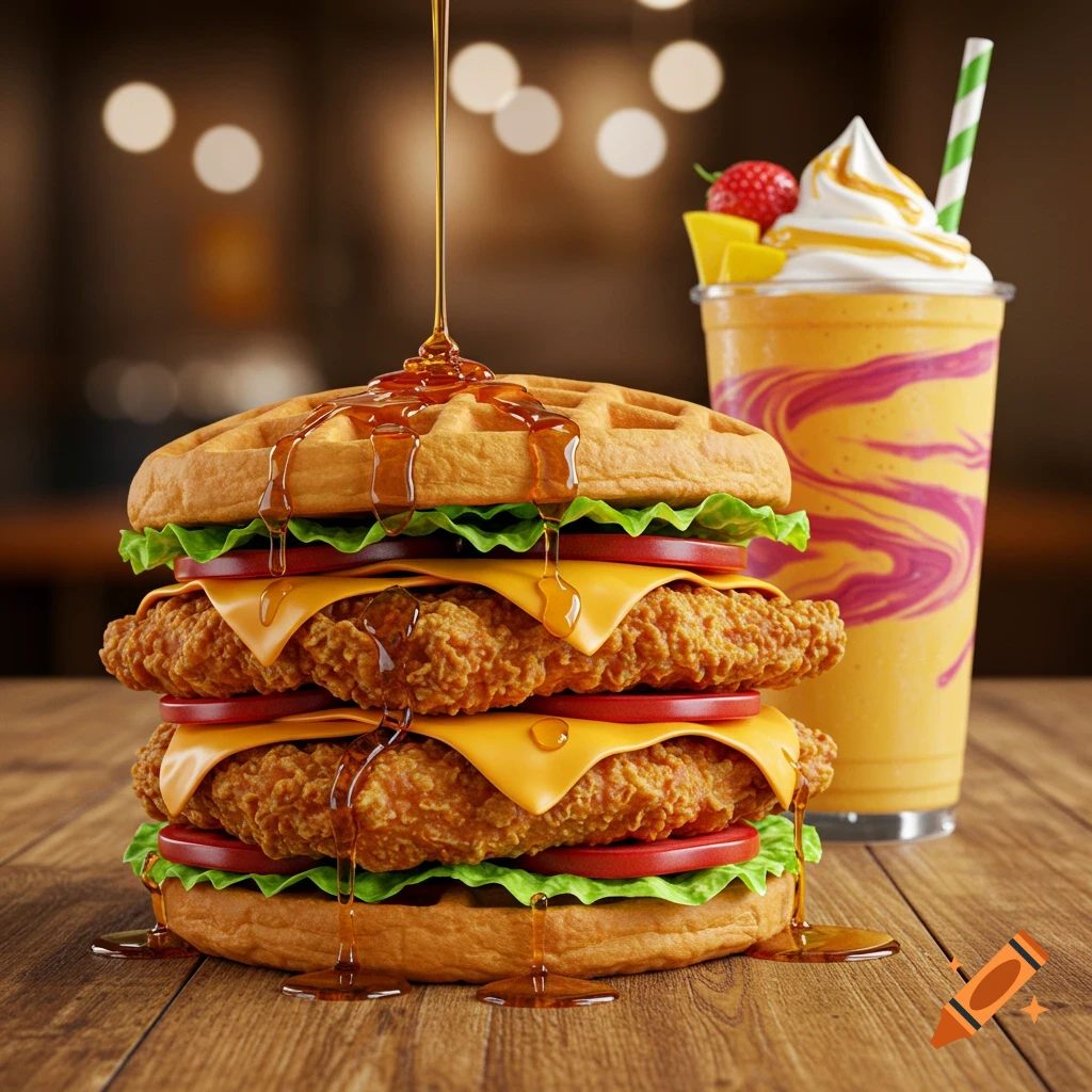 Photorealistic triple-stacked chicken and waffle burger with syrup, cheese, lettuce, and tomatoes, next to a fruit shake with whipped cream on a wooden table.