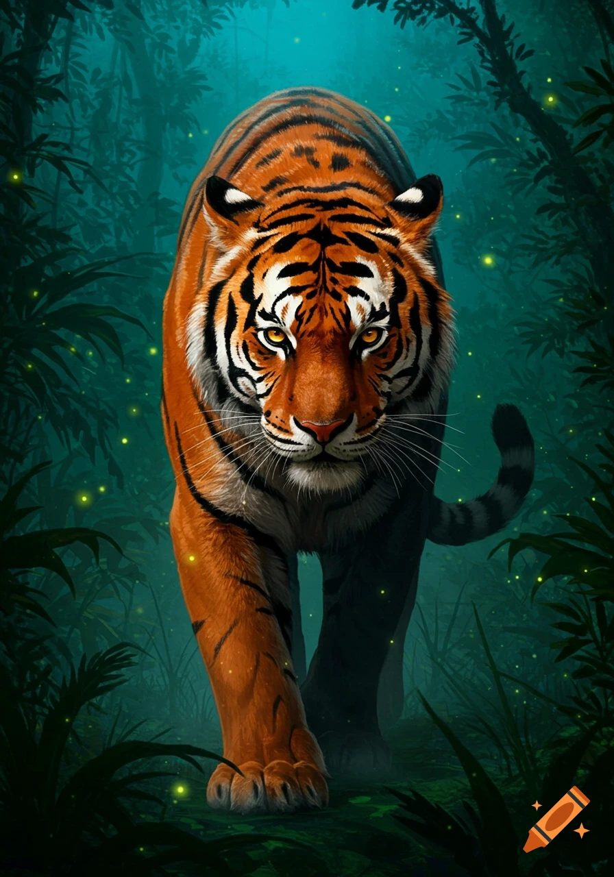 A majestic tiger with bright orange and black stripes walks through a dark, glowing jungle in a digital art style.