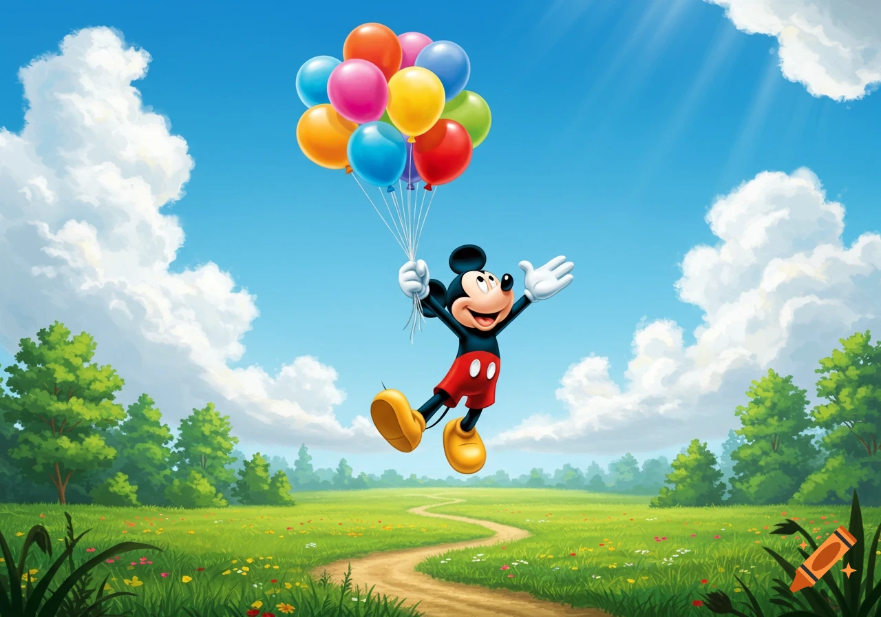 Mickey Mouse floats through a sunny blue sky, holding a bunch of colorful balloons above a green field with a winding path.