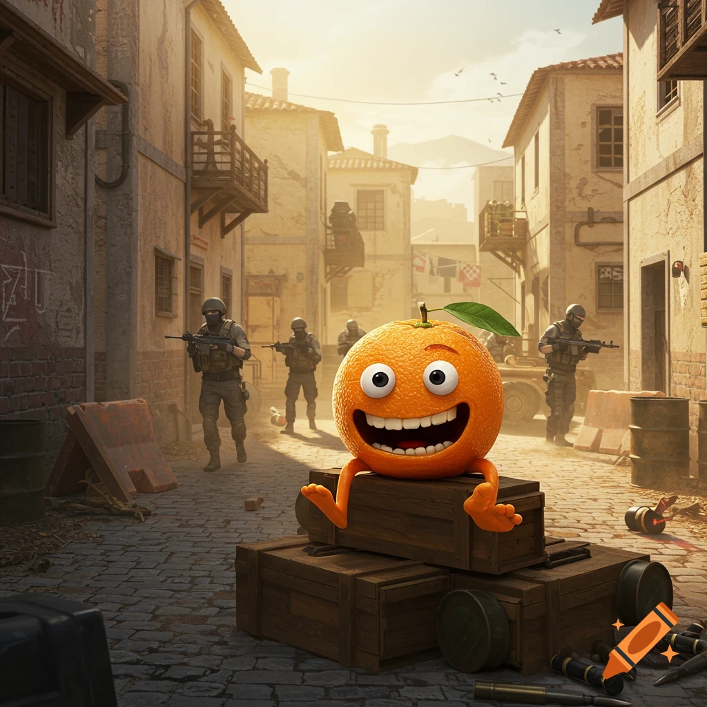 A smiling Annoying Orange character sits on wooden crates in a dusty alley, surrounded by armed soldiers in a scene resembling a Counter-Strike game. The setting sun casts a warm glow.
