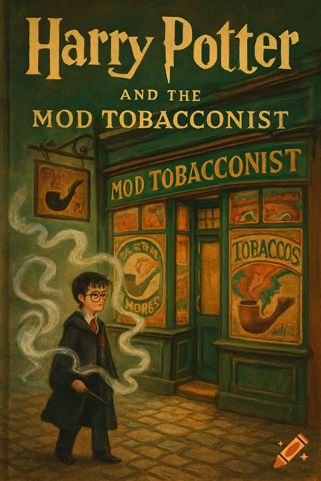 A painted book cover for 'Harry Potter and the Mod Tobacconist' showing Harry Potter outside a green tobacco shop, with smoke swirling around him.