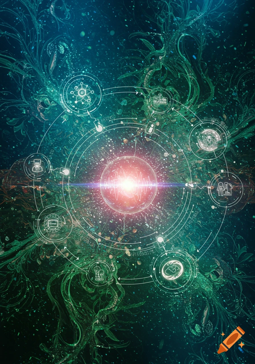 Abstract image of a glowing red orb at the center of a circular diagram with technological symbols and green organic patterns.
