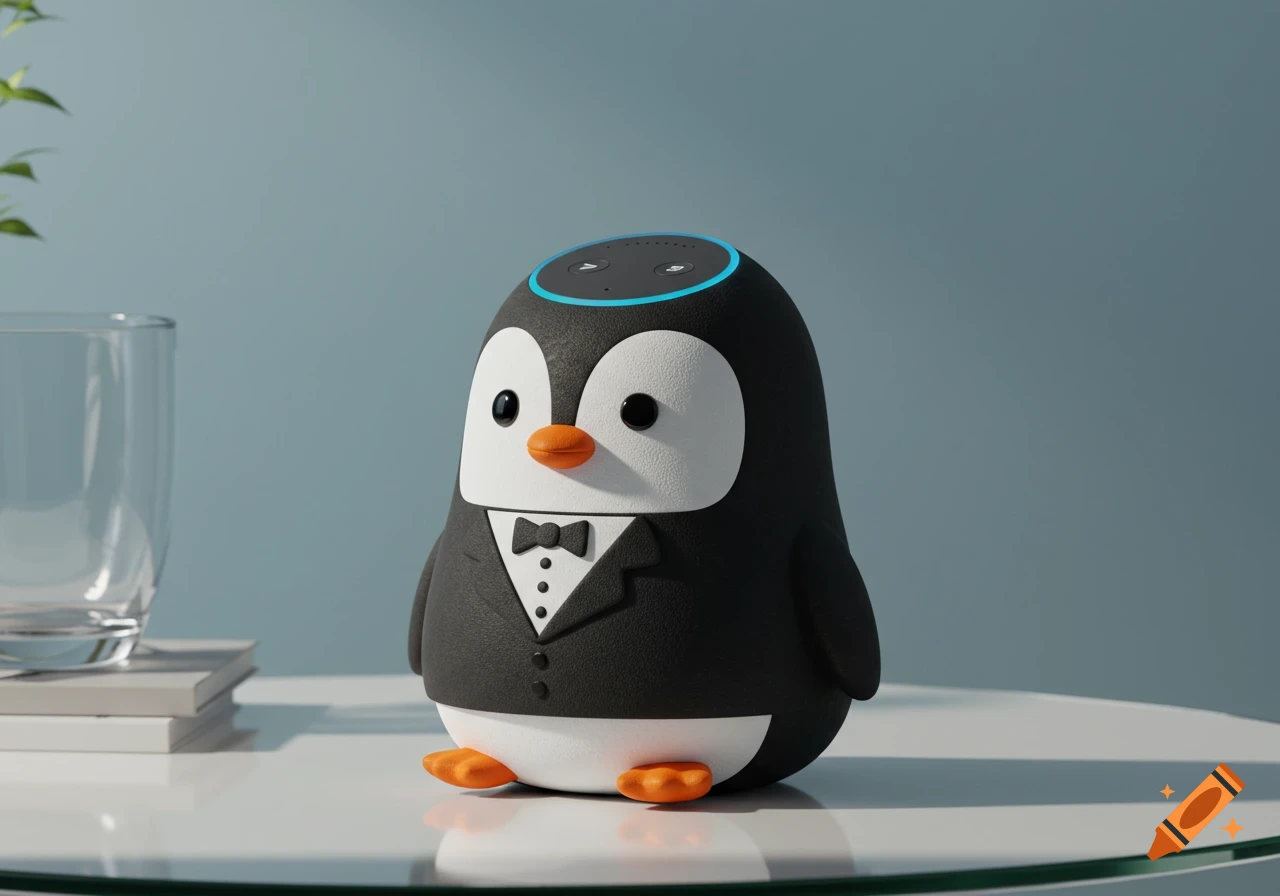 A cute, stylized penguin-shaped smart speaker with control buttons on its head, wearing a tuxedo, on a white table.