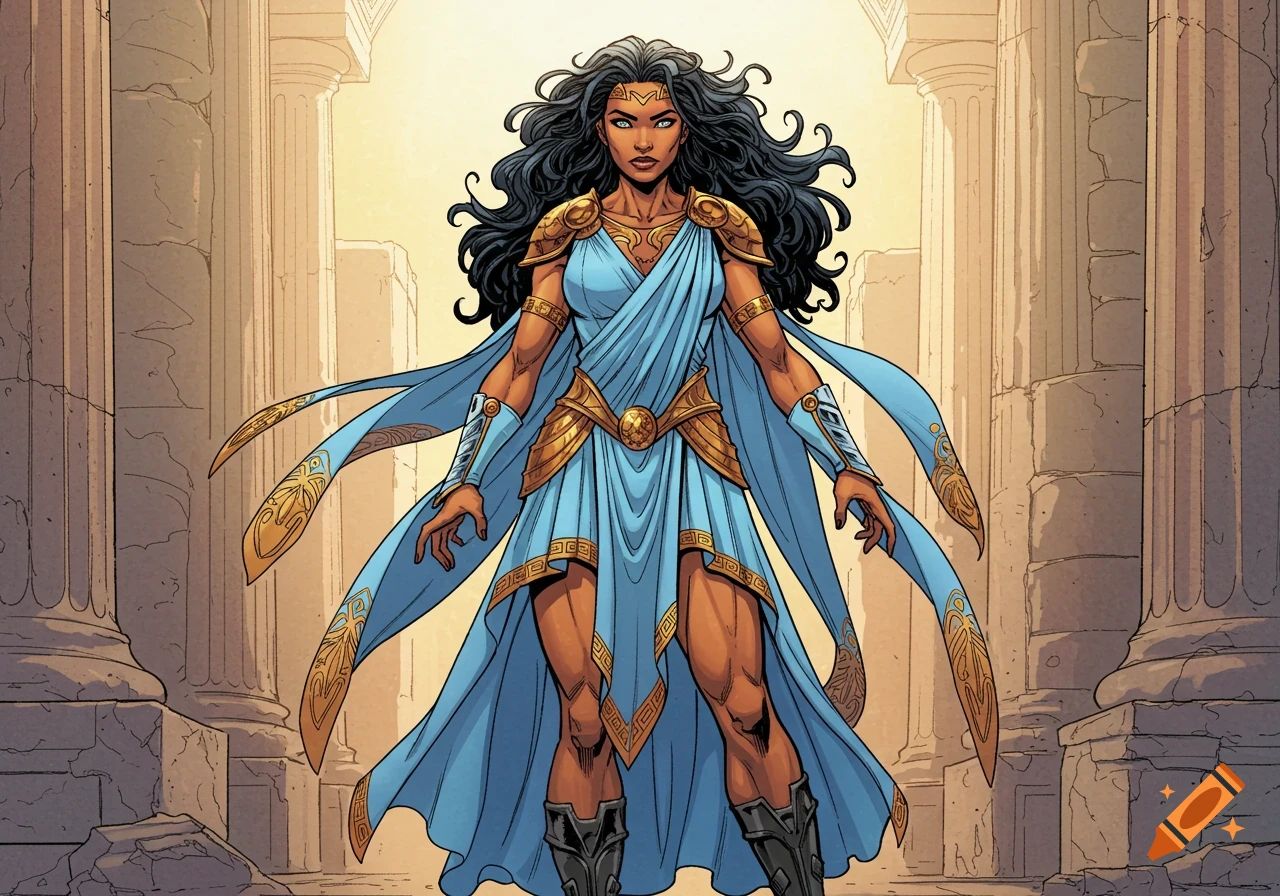 A comic book style image of a dark-skinned female superhero in a blue and gold Greek-inspired outfit, standing between stone columns.
