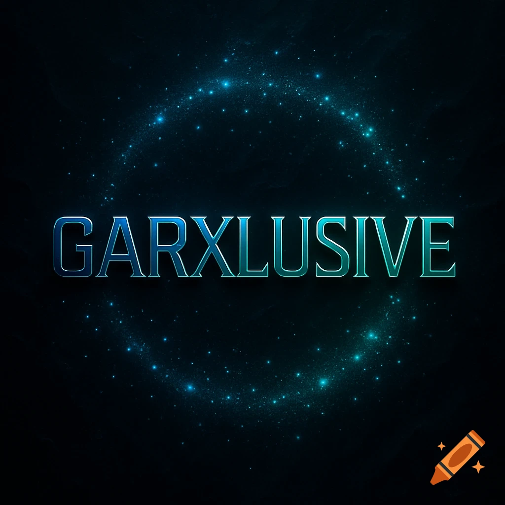 The word GARXLUSIVE in blue-green metallic font, centered on a dark background with swirling blue sparkles.