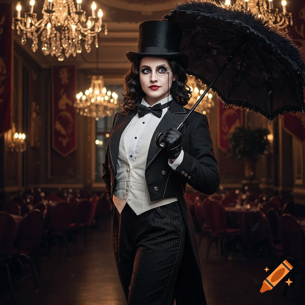 A photorealistic portrait of a woman dressed as The Penguin from Batman, wearing a tuxedo, top hat, and monocle, holding an umbrella in an elegant ballroom.