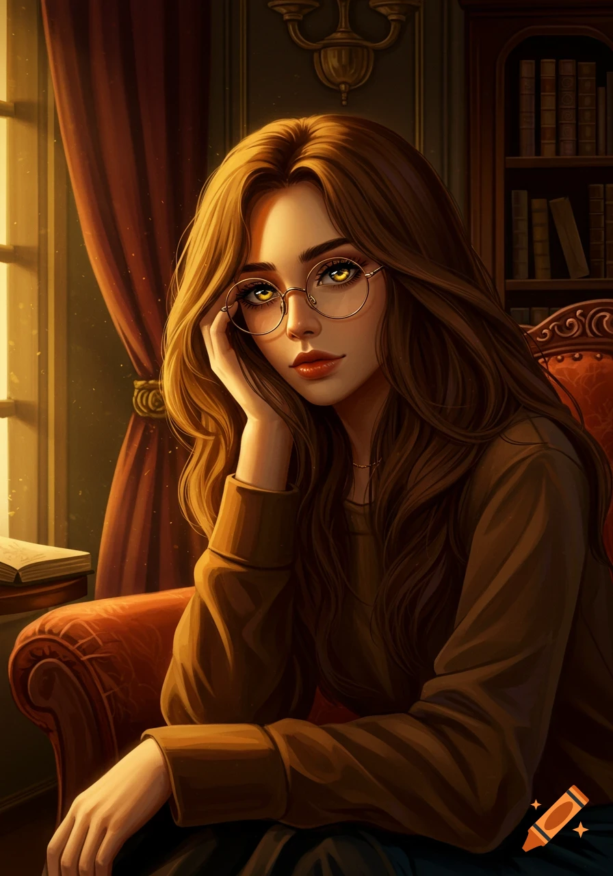 A digital portrait of a young woman with long brown hair and golden eyes wearing glasses, resting her chin on her hand in a dimly lit study with a bookshelf and window.