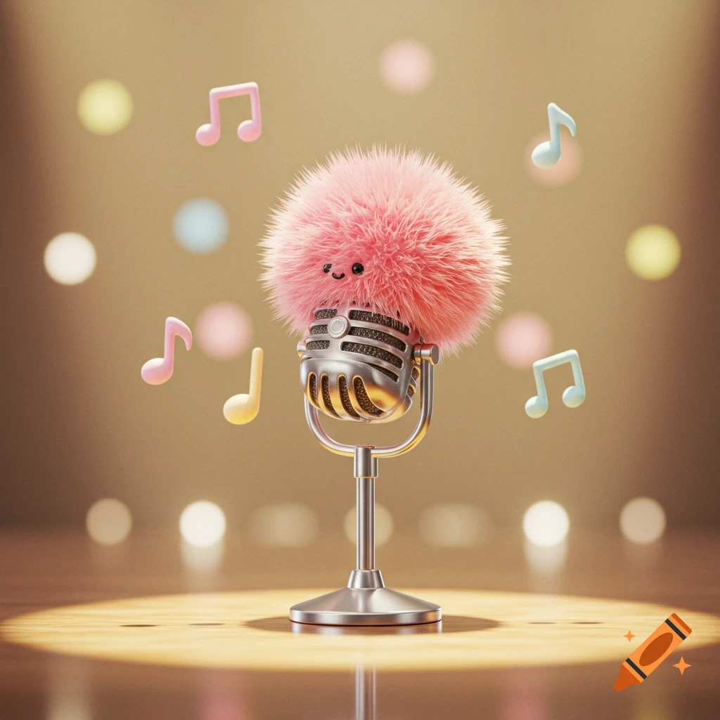 A cute smiling pink fluffy creature on a vintage microphone, surrounded by pastel music notes in a soft 3D render.