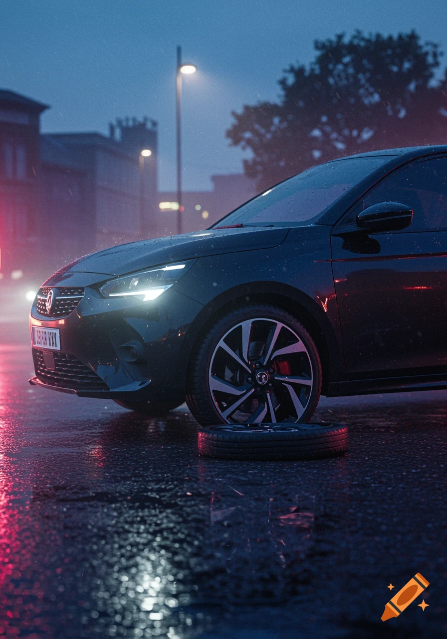 Black car with a flat tire on a wet city street at night, with bright headlights and streetlights.