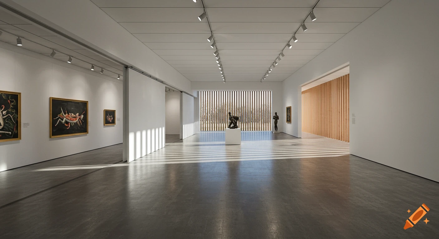 Photorealistic interior of a modern art museum gallery with high ceilings, concrete floors, white walls, and track lighting. Sunlight filters through a louvered facade, casting dramatic shadows. Sparse artworks.
