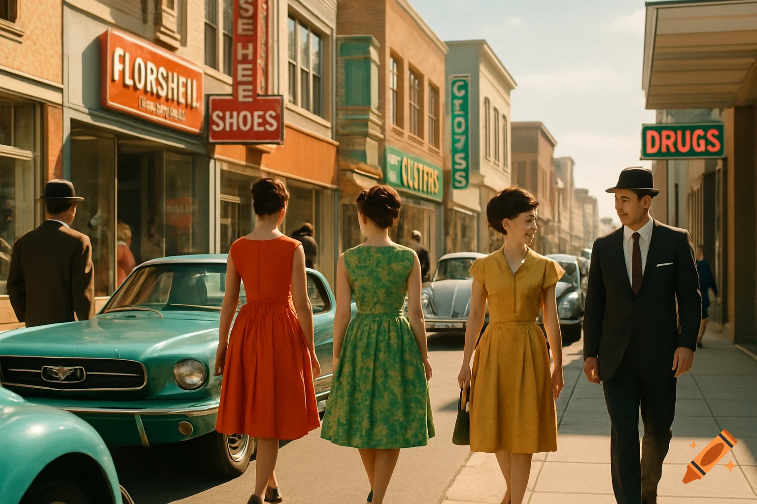 A vibrant street scene from the 1960s with several people in period clothing walking past vintage cars and retro storefronts under a sunny sky.