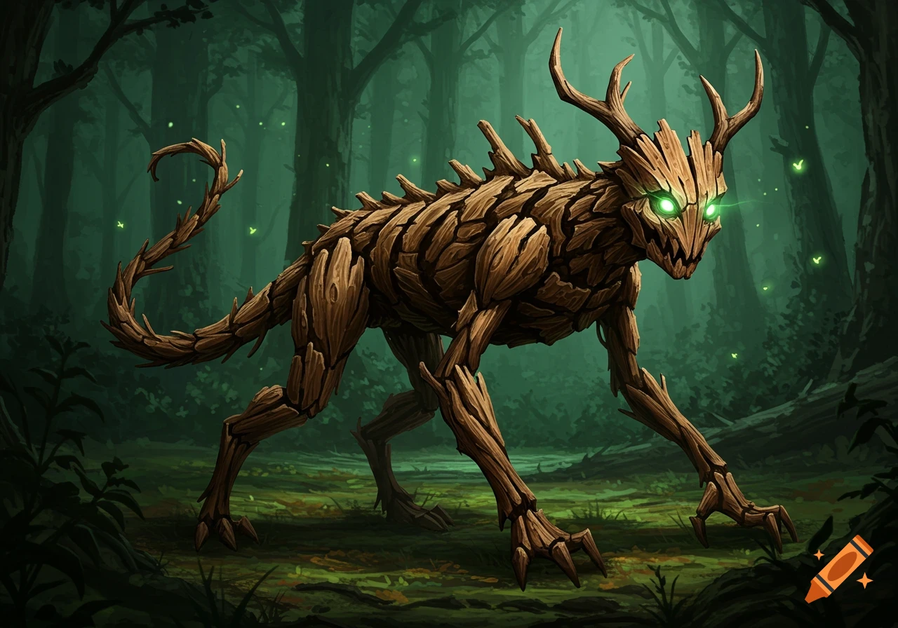 A creature resembling a Chupacabra, made of wood chips, stands in a dark forest with glowing green eyes.