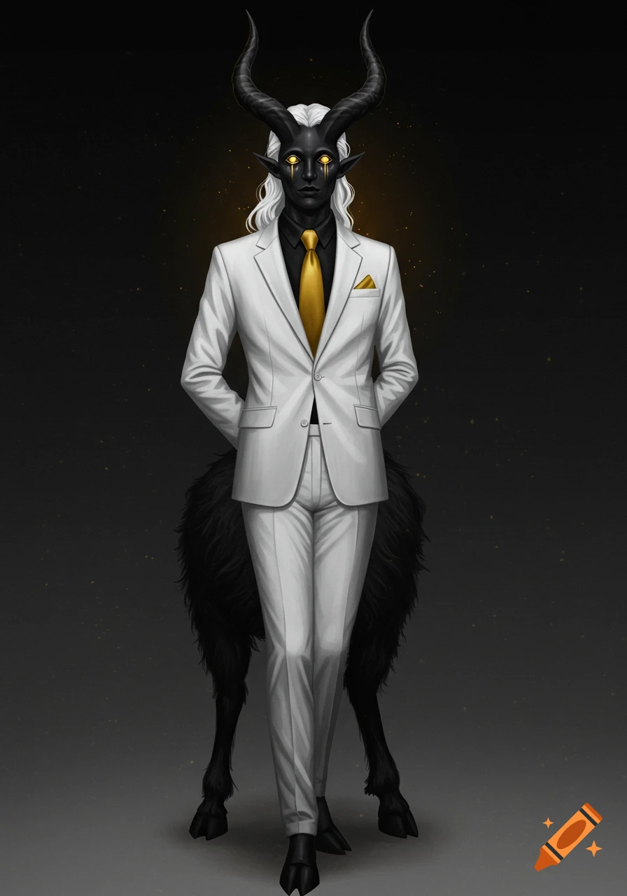 A dark-skinned horned creature with white hair, glowing golden eyes, and goat legs, wearing a white suit with a black shirt and gold tie.