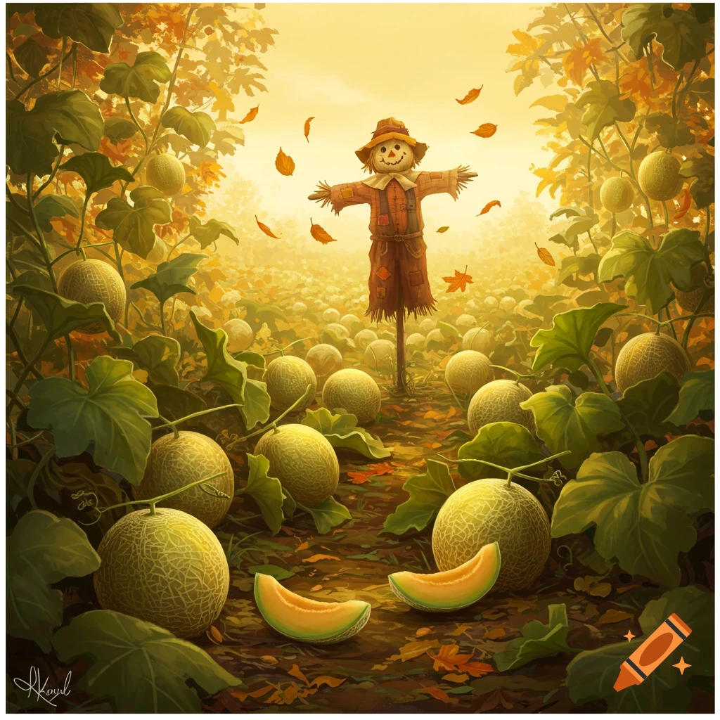 A friendly scarecrow stands in a sunlit melon field with autumn leaves falling, in an illustrative style.