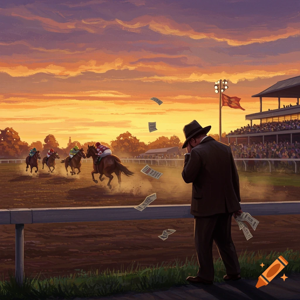 A man in a fedora looks dejected as money flies away at a horse race during sunset.