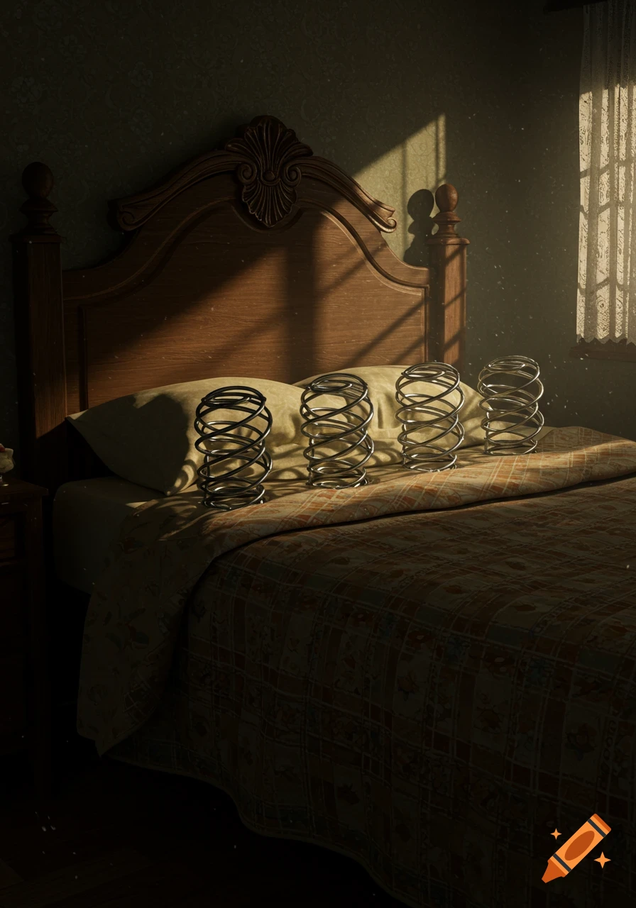 A photorealistic image of a bed with four mattress springs standing on the pillow, illuminated by morning sunlight through a window.